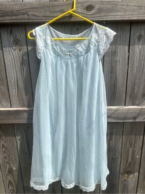 Vintage Late 70’s Shadowline Light Blue Lace Trim Women's Nightgown